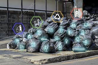 Garbage in the black bag with waste separation type and icon about garbage.