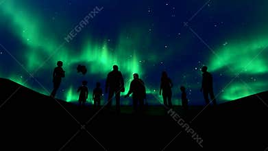Family silhouette northern lights. Beautiful universe. Northern landscape. Youth lifestyle. Happy couple travel together