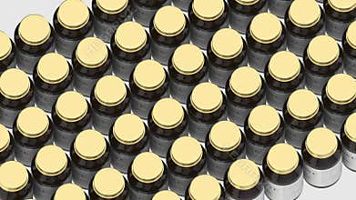 Pharmacy glass bottles with generic vitamin C tablets and fictional logo. Pharmaceutical industrial production related