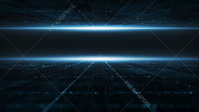 Abstract Digital cyber space particles perspective grid floor ground with flare matrix background. Futuristic big data information