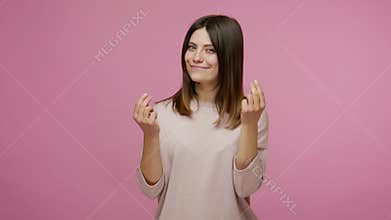 I know how to earn! Cunning smart woman smiling slyly, having idea about big profit and showing money gesture