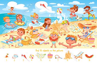 Find 10 objects in the picture. Group of kids having fun on beach