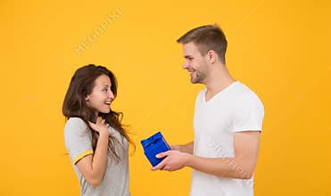 Making her happy. Happy birthday. Man give box to birthday girl. Birthday anniversary. Couple in love. Holiday