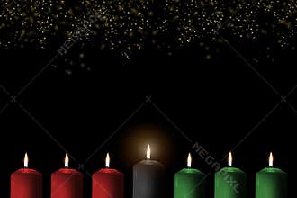 Kwanzaa holiday background with candle light of seven candle sticks in black, green, red symbolising 7 principles