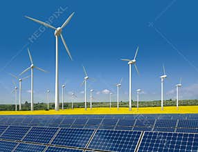 Wind turbines and solar panels in a rapeseed field