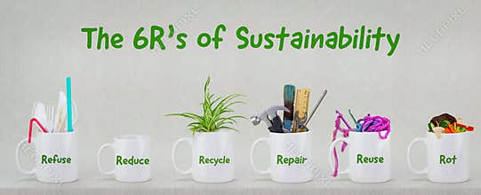The 6 R`s of Sustainability, illustrated in 6 mugs with relevant contents. Refuse, reduce, recycle, repair, reuse, rot.