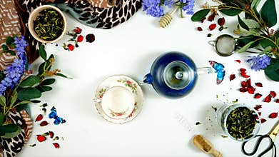 Blue Butterfly Pea Flower caffeine-free herbal tea creative concept layout.