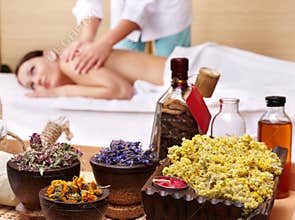 Still life of woman on massage table in beauty spa