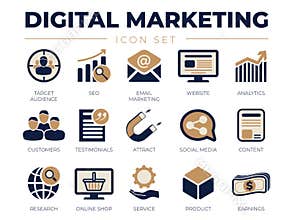 Digital Marketing Icon Set. Target Audience, SEO, Email Marketing, Website, Analytics, Customers, Testimonials, Attract, Social