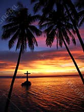 Tropical Sunset with Cross and Trees Silhouette