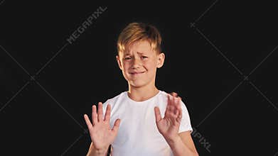 Refusal sign stop rejection boy smiling no gesture