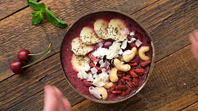 Superfood acai smoothie bowl with toppings