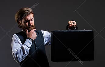 Man hold suitcase with money. Bank concept. Saving money concept. Billionaire. rich businessman with money bag. Luxury
