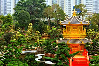 Pagoda & red bridge in the garden