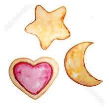 Of three cookies in the shape of a star, moon and heart