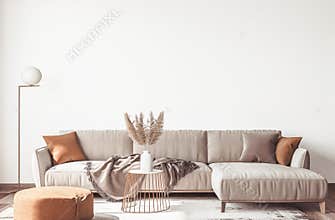 Interior design of modern Scandinavian apartment, living room in neutral colors,