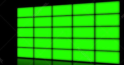 Multi screen display with chroma key green screen, on black background