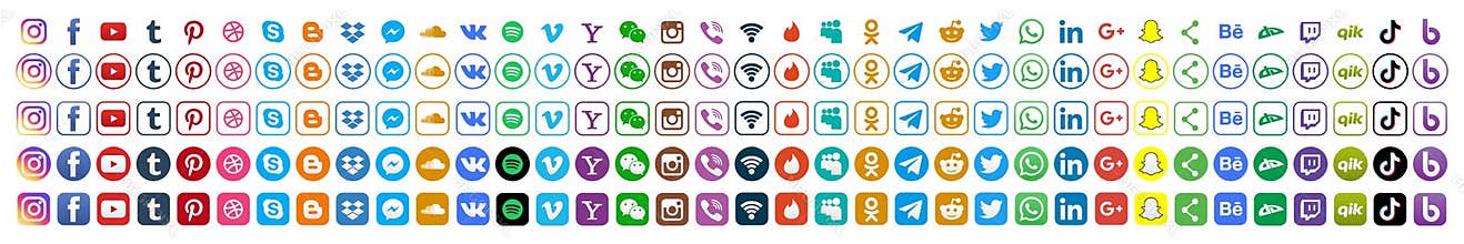 Kiev, Ukraine - July 5, 2020: Set popular social media icons. Facebook, instagram, twitter, youtube, pinterest, behance, google