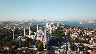 Cinematic Aerial View of Blue Mosque, Downtown Istanbul Turkey in Skyline