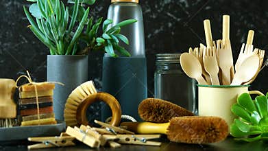 Zero-waste, plastic-free, eco-friendly kitchen household products slow panning.