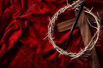 Easter holiday, reminder of the sacrifice of the Lord and Savior Jesus Christ concept with wooden cross, crown of thorns and rusty
