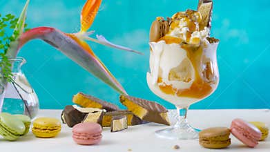 Making gourmet caramel and honeycomb ice cream sundae