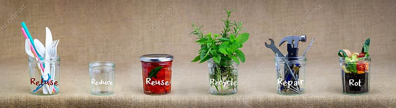 Zero Waste management, illustrated in 6 jars with text Refuse, reduce, recycle, repair, reuse, rot.