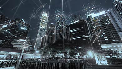Cityscape with futuristic data communication. Hyperlapse
