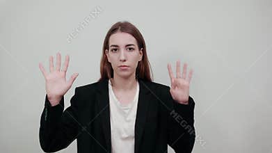 Showing nine 9 fingers hand gesture, show number three with hands, pointing arm