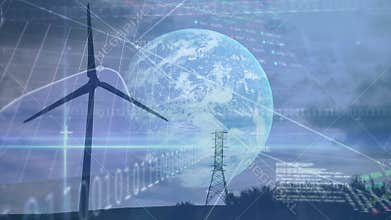 Animation of wind turbine turning, planet Earth and stock exchange graph increasing and decreasing