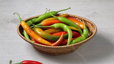 Basket with fresh spicy colorful Chili peppers