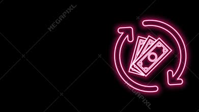 Glowing neon line Refund money icon isolated on black background. Financial services, cash back concept, money refund