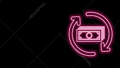 Glowing neon line Refund money icon isolated on black background. Financial services, cash back concept, money refund