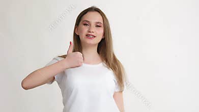 Like sign perfect choice amused girl thumbs up