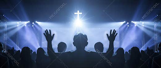 Church worship concept: Christian worship with raised hand at the at the  cross background