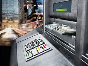 Automatic teller machine ATM with dollar bankroll. 3D illustration