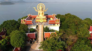 Thailand landmark. Aerial view of golden big Buddha temple