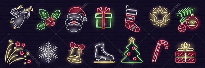Set of neon Cristmas icons isolated on dark brick wall background. Gift box, christmas tree, Santa, angel, snowflake, stocking,