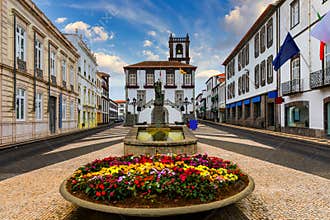 City Hall in Ponta Delgada, Azores, Portugal. Ponta Delgada City Hall with a bell tower in the capital of the Azores. Portugal,
