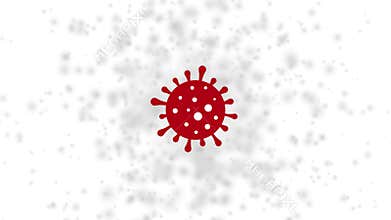 Rotating red virus icon on abstract motion background exploding dust particles concept health danger pandemic epidemic