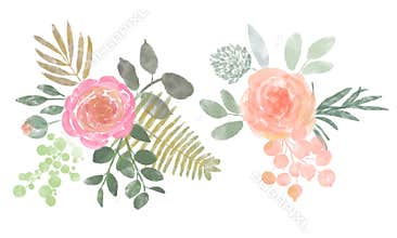 Watercolor flower set. Colorful collection with leaves and flowers. Design elements for invitations, wedding or greeting cards