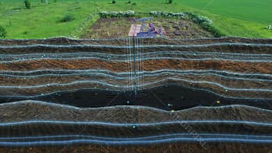Illustration working oil pump pumpjack extracting oil with infographic and earth layers. Earth crack animation falling
