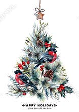Watercolor Christmas Tree and Bullfinches Greeting Card
