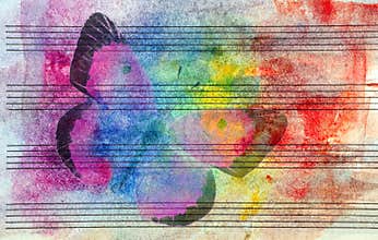 Colors of rainbow. Melody concept. Old music sheet in colorful watercolor paint and butterfly. Music concept. Abstract colorful wa