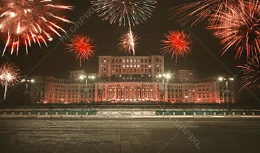 Romania Parliament House, New year celebrating with fireworks, fine art edit