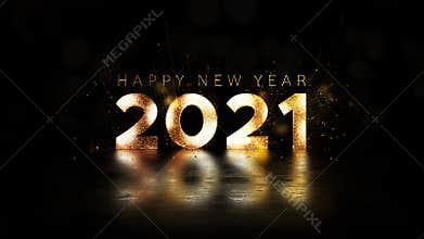 Happy New Year 2021 golden particles bokeh black background new year resolution concept.