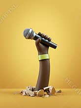 3d render, cartoon character dark skin tone hand holds microphone. Rock concert clip art isolated on yellow background.