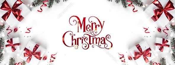Merry Christmas text on white background with gift boxes, ribbons, red decoration, fir branches, bokeh, sparkles and confetti.