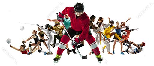Sport collage of professional athletes or players isolated on white background, flyer