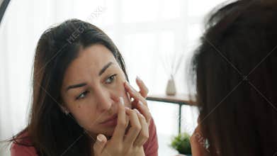 Slow motion of attractive lady removing blackheads from skin looking at mirror in bathroom